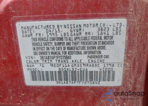 2015 Nissan Sentra Sv из США, поврежденный, VIN 3N1AB7AP7FY275840